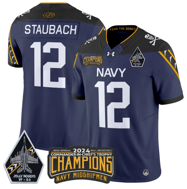 Roger Staubach Jersey #12 Navy Midshipmen 2024 Jolly Rogers Champions Navy by NCAA Football Jersey