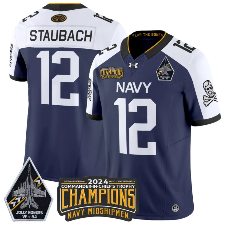 Roger Staubach Jersey #12 Navy Midshipmen 2024 Jolly Rogers Champions Navy White by NCAA Football Jersey