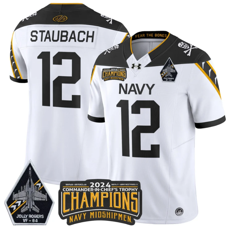 Roger Staubach Jersey #12 Navy Midshipmen 2024 Jolly Rogers Champions White by NCAA Football Jersey