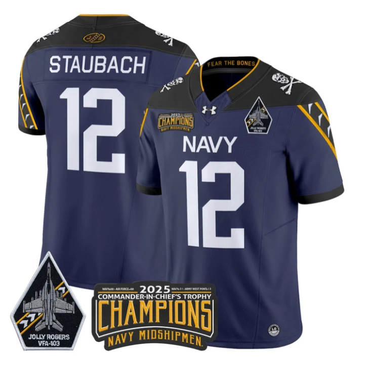 Roger Staubach Jersey #12 Navy Midshipmen Jolly Rogers 2025 Trophy Navy by My Store NCAA Football Jerseys