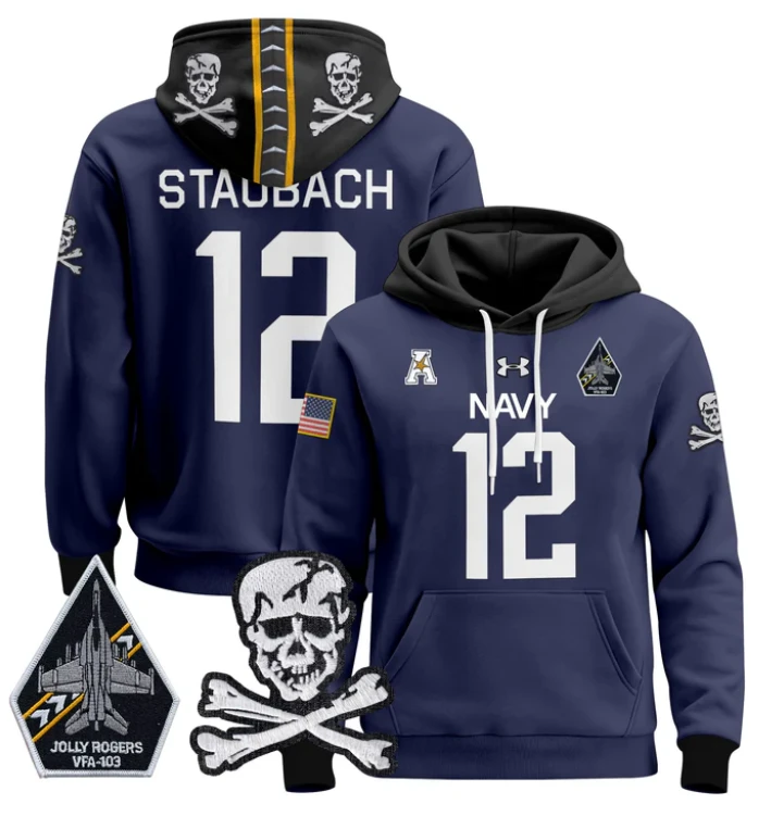 Roger Staubach Hoodie #12 Navy Midshipmen Pullover Jolly Rogers by Hoodie Pullover