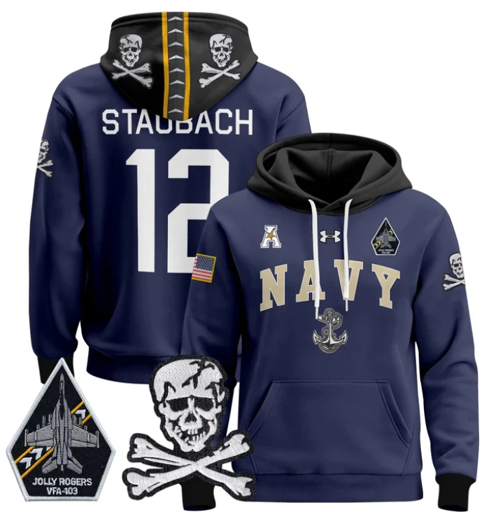 Roger Staubach Hoodie #12 Navy Midshipmen Pullover Jolly Rogers V2 by Hoodie Pullover