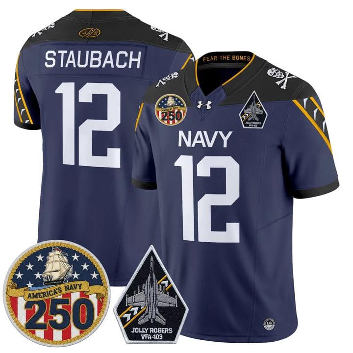 Roger Staubach Jersey #12 Navy Midshipmen Jolly Rogers 250th Patch Stitched by My Store NCAA Football Jerseys
