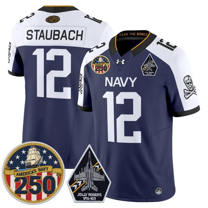 Roger Staubach Jersey #12 Navy Midshipmen Jolly Rogers 250th Patch Stitched by My Store NCAA Football Jerseys