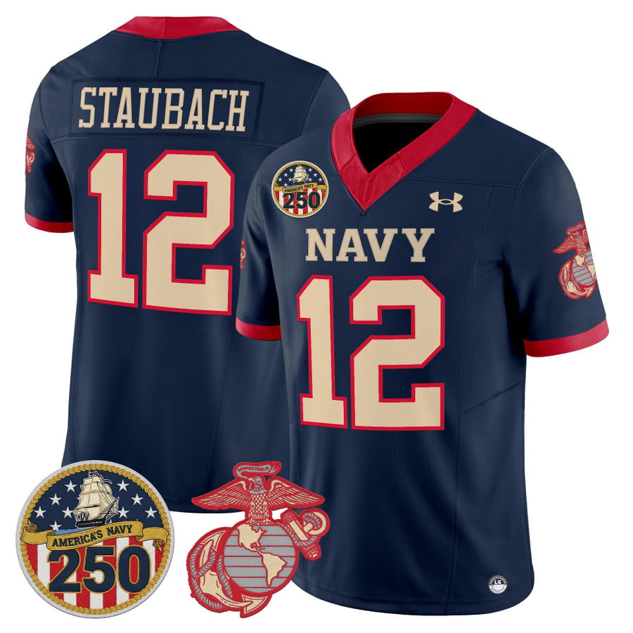 Roger Staubach Jersey #12 Navy Midshipmen USMC 250th Patch Stitched by My Store NCAA Football Jerseys