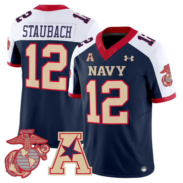 Roger Staubach Jersey #12 Navy Midshipmen Vapor USMC Premier Stitched by My Store NCAA Football Jerseys