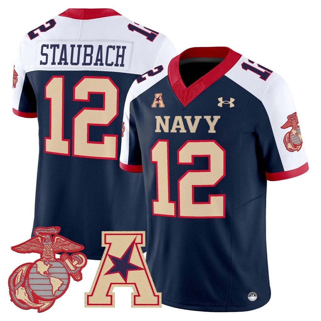 Roger Staubach Jersey #12 Navy Midshipmen Vapor USMC Premier Stitched by My Store NCAA Football Jerseys