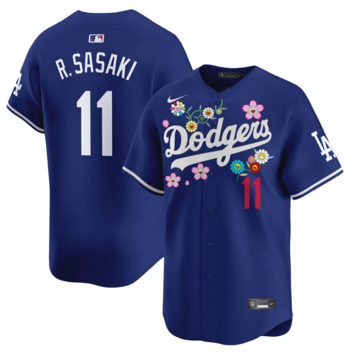 Roki Sasaki (Kanji) Jersey #11 Dodgers x Takashi Murakami 2025 Vapor Stitched Royal by My Store