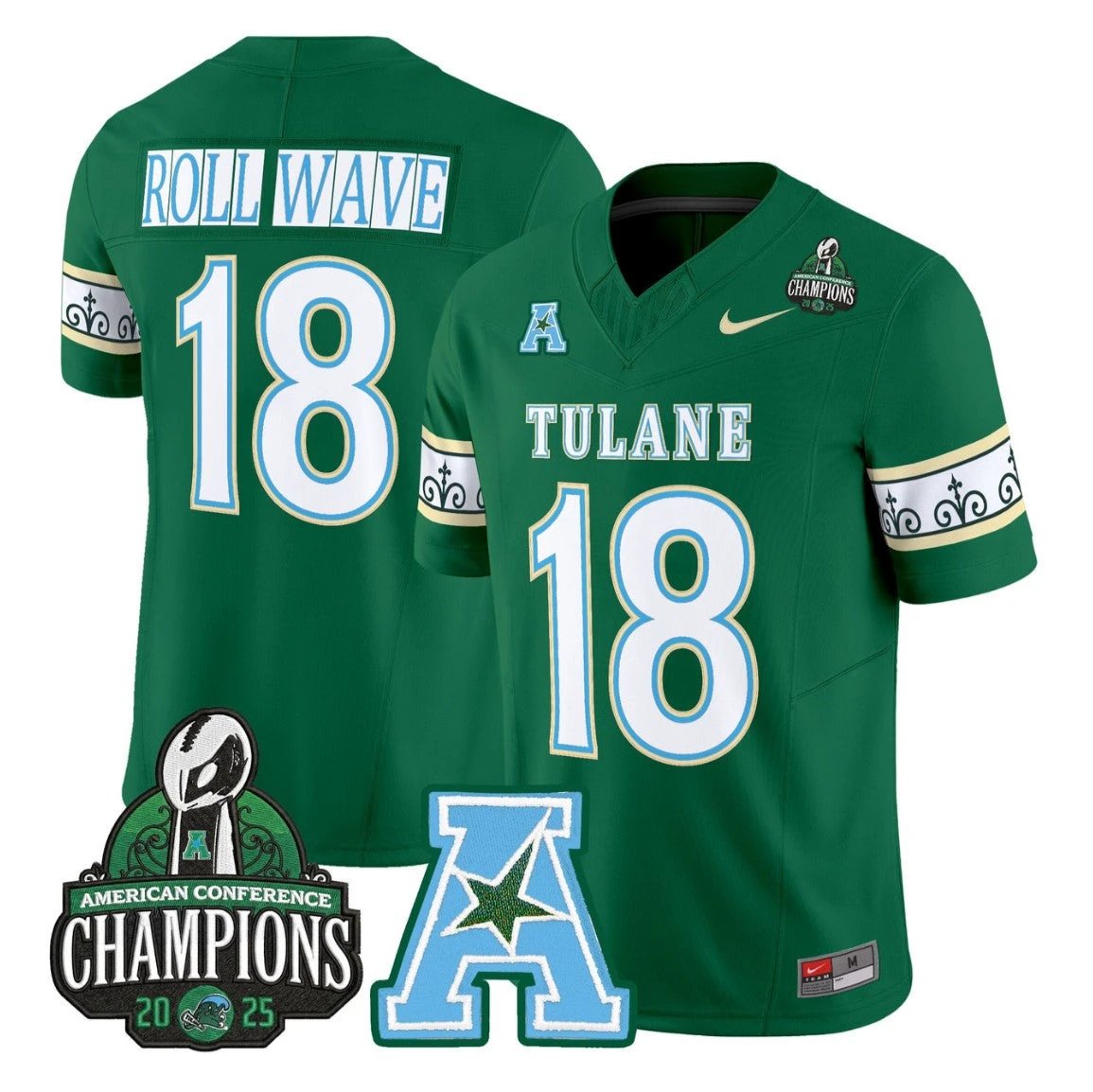 Roll Wave Jersey #18 Tulane Green Wave City Edition 2025 AAC Champions Green by NCAA Football Jersey