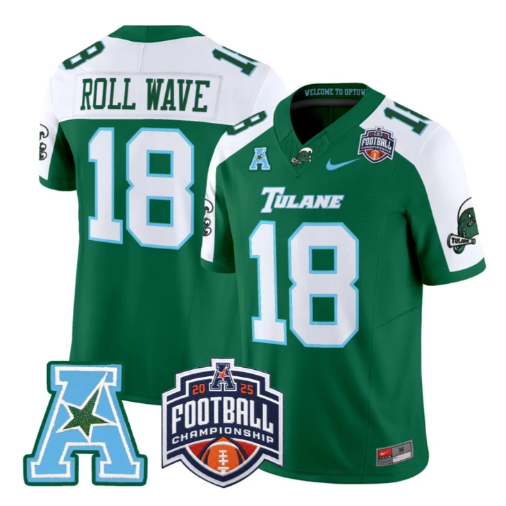 Roll Wave Jersey #18 Tulane Green Wave 2025 AAC Championship Stitched by My Store NCAA Football Jerseys