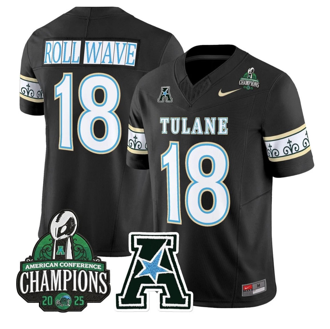 Roll Wave Jersey #18 Tulane Green Wave City Edition 2025 AAC Champions by My Store NCAA Football Jerseys