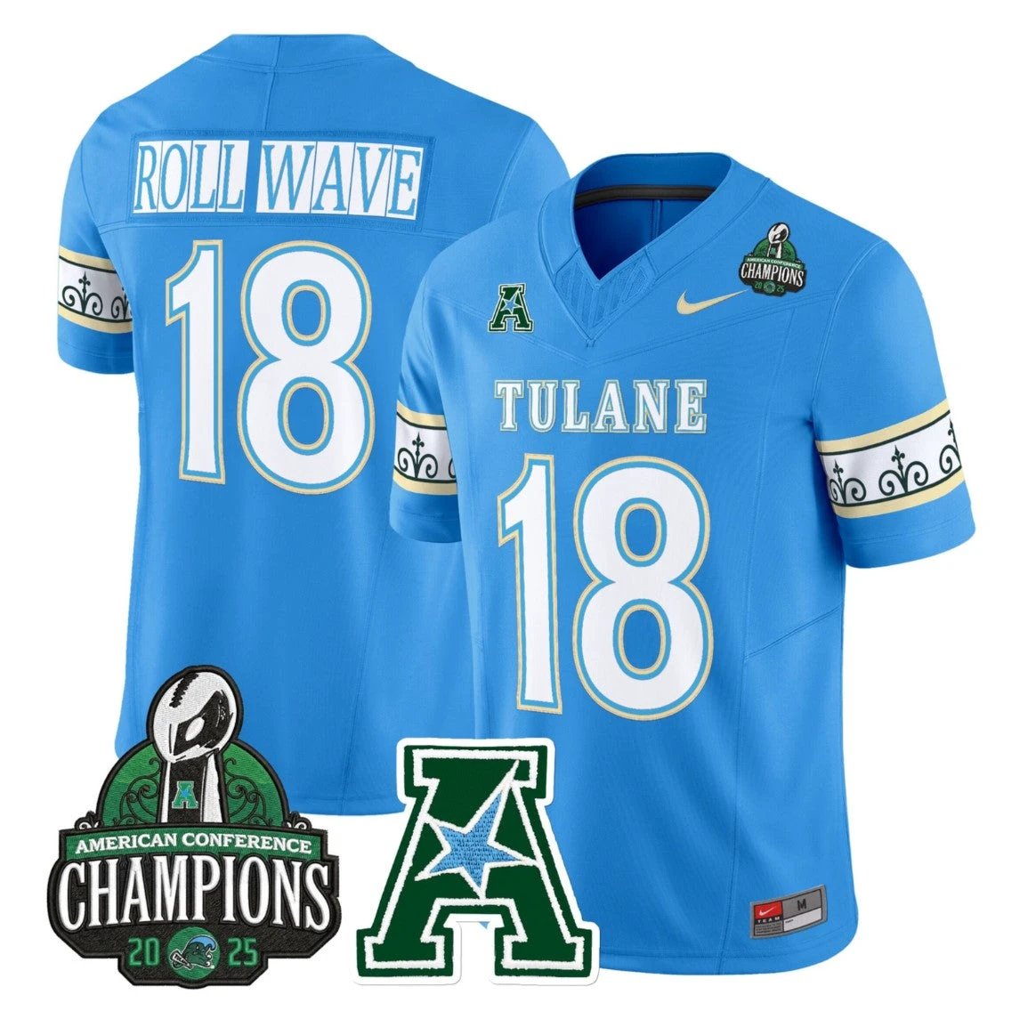 Roll Wave Jersey #18 Tulane Green Wave City Edition 2025 AAC Champions by My Store NCAA Football Jerseys