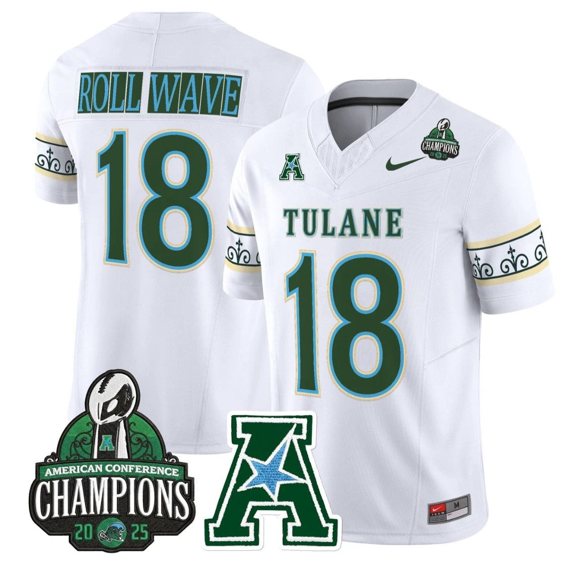 Roll Wave Jersey #18 Tulane Green Wave City Edition 2025 AAC Champions by My Store NCAA Football Jerseys
