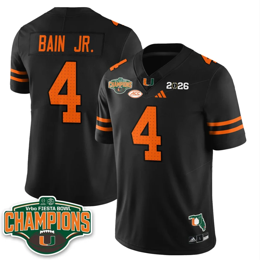 Rueben Bain Jr Jersey #4 Miami Hurricanes 2026 Fiesta Bowl Champions Stitched by My Store NCAA Football Jerseys