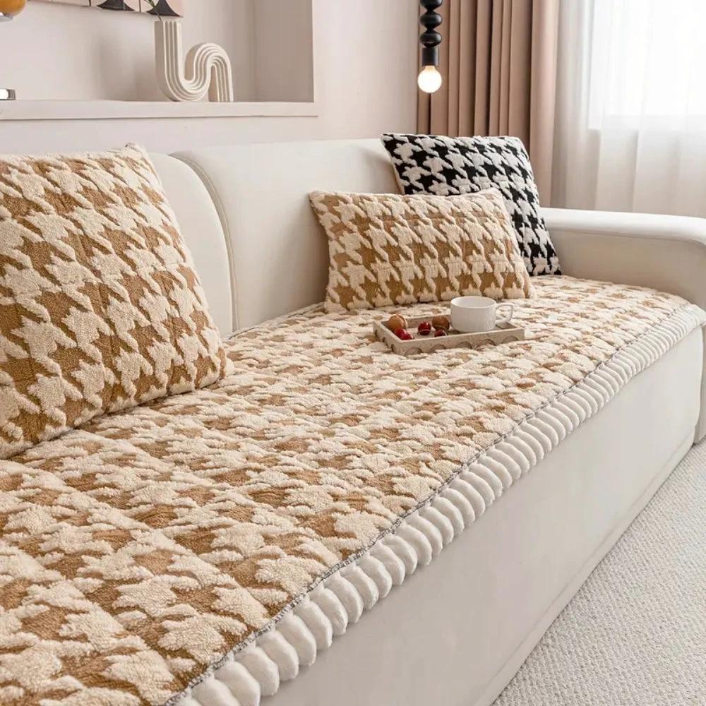 Colourful Plush Houndstooth Sofa Cover and Cushion Cover by Casa & Beyond
