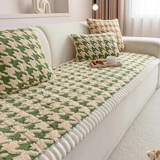 Colourful Plush Houndstooth Sofa Cover and Cushion Cover by Casa & Beyond