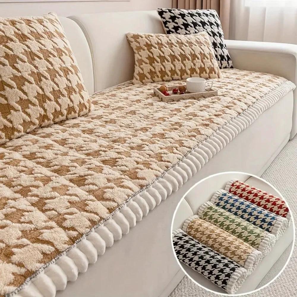 Colourful Plush Houndstooth Sofa Cover and Cushion Cover by Casa & Beyond