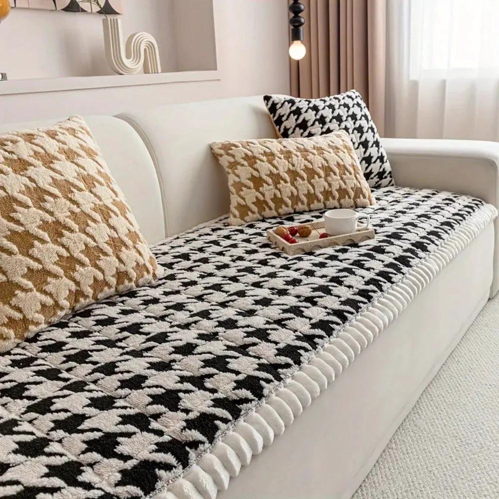 Colourful Plush Houndstooth Sofa Cover and Cushion Cover by Casa & Beyond