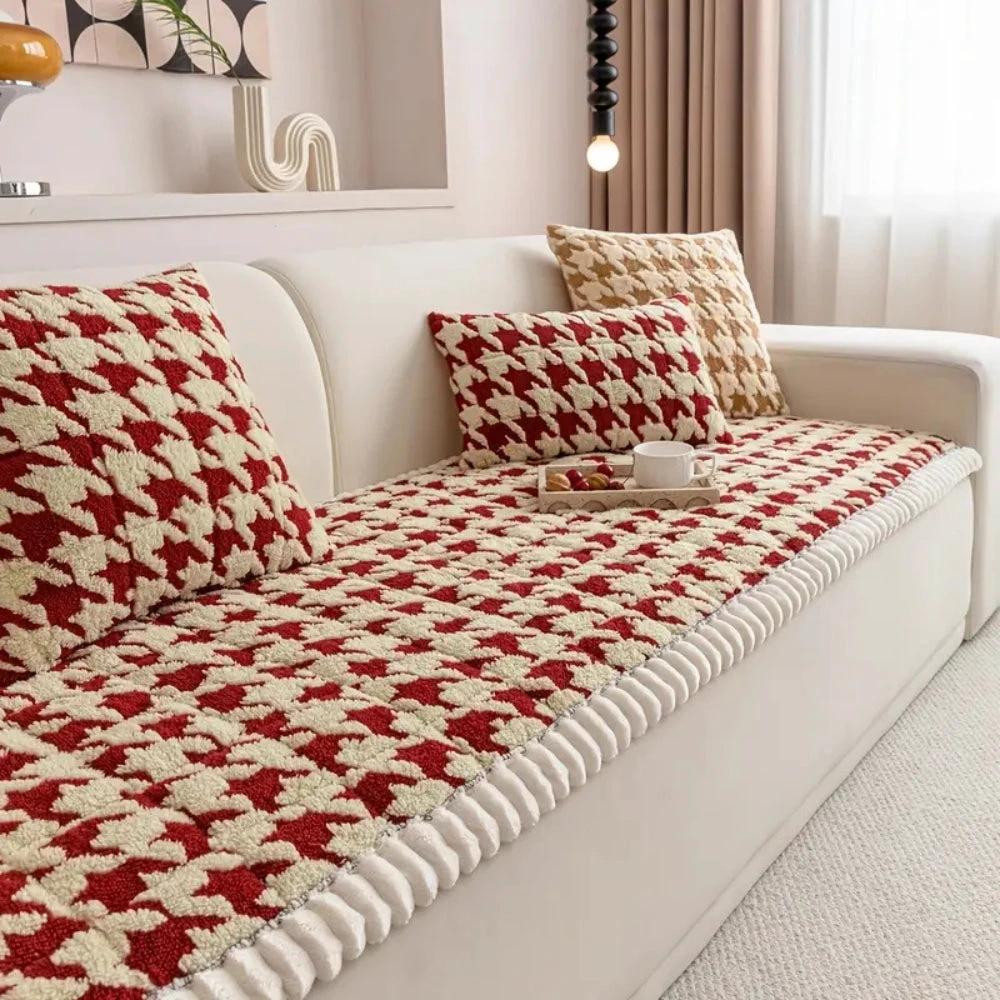 Colourful Plush Houndstooth Sofa Cover and Cushion Cover by Casa & Beyond