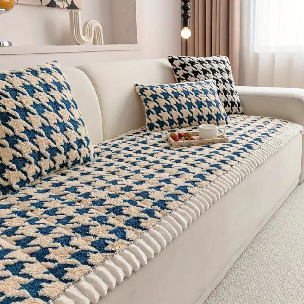 Colourful Plush Houndstooth Sofa Cover and Cushion Cover by Casa & Beyond