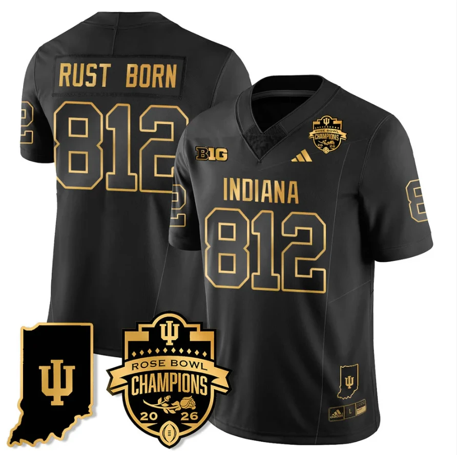 Rust Born Jersey #812 Indiana Hoosiers 2026 Rose Bowl Champions Patch Black Gold by NCAA Football Jersey