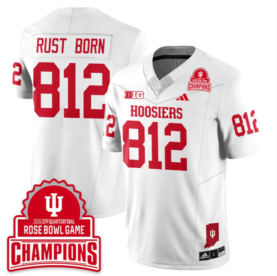 Rust Born Jersey #812 Indiana Hoosiers 2026 Rose Bowl Game Champions Patch White by NCAA Football Jersey