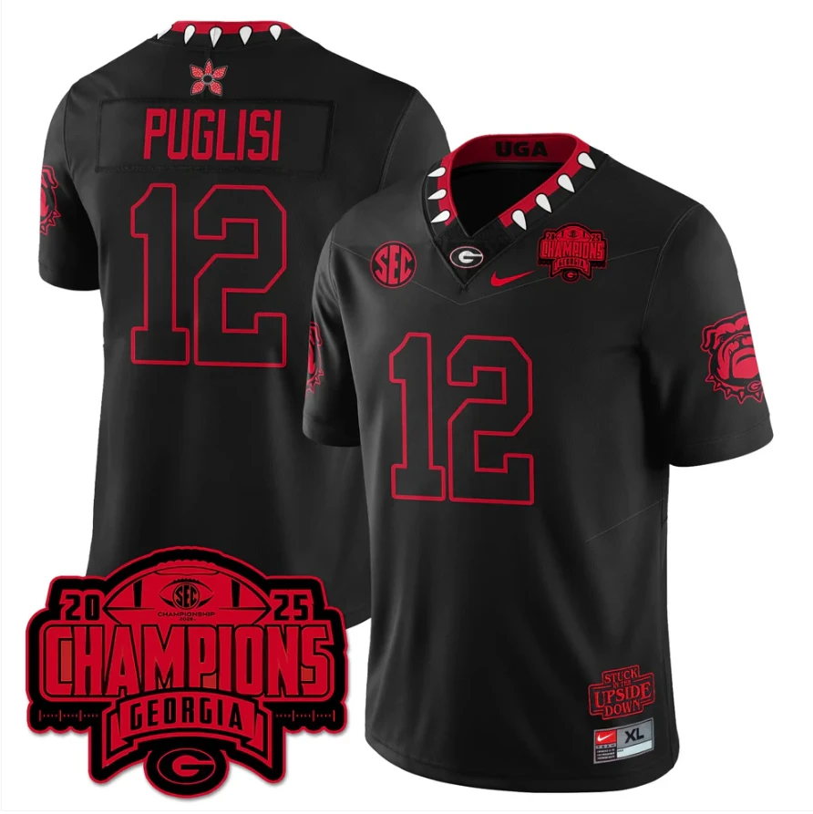 Ryan Puglisi Jersey #12 Georgia Bulldogs Stranger Things SEC Champions by My Store NCAA Football Jerseys
