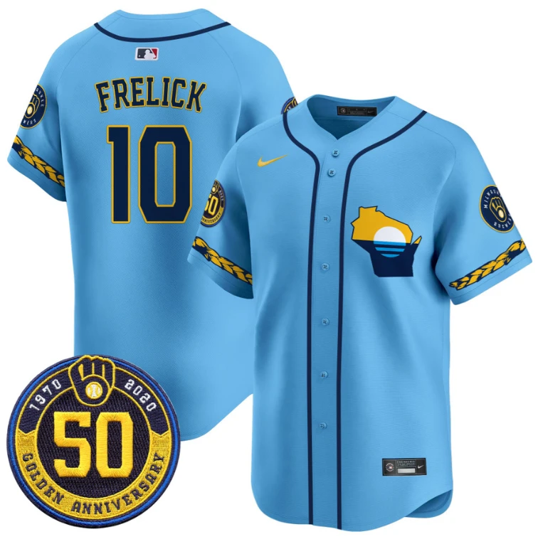 Sal Frelick Jersey #10 Milwaukee Brewers Golden 50th Anniversary Patch Stitched Blue by My Store
