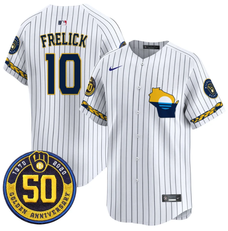 Sal Frelick Jersey #10 Milwaukee Brewers Golden 50th Anniversary Patch Stitched Pinstripe by My Store