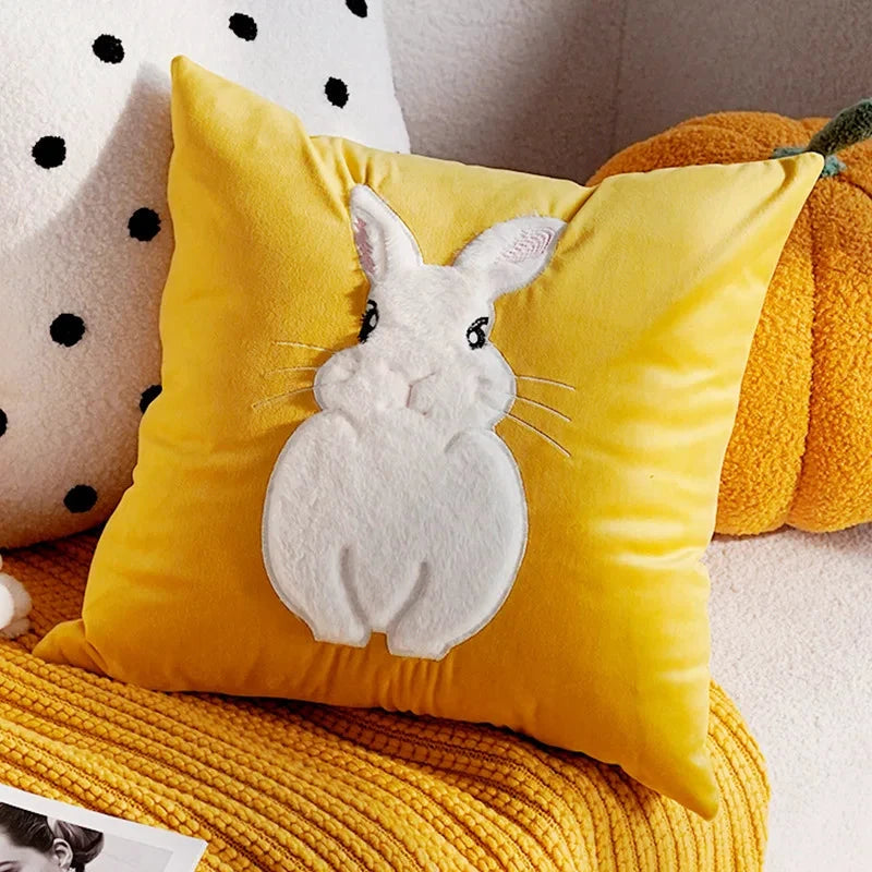 Blue & White Bunny & Flower Cushion Cover by Bowlift
