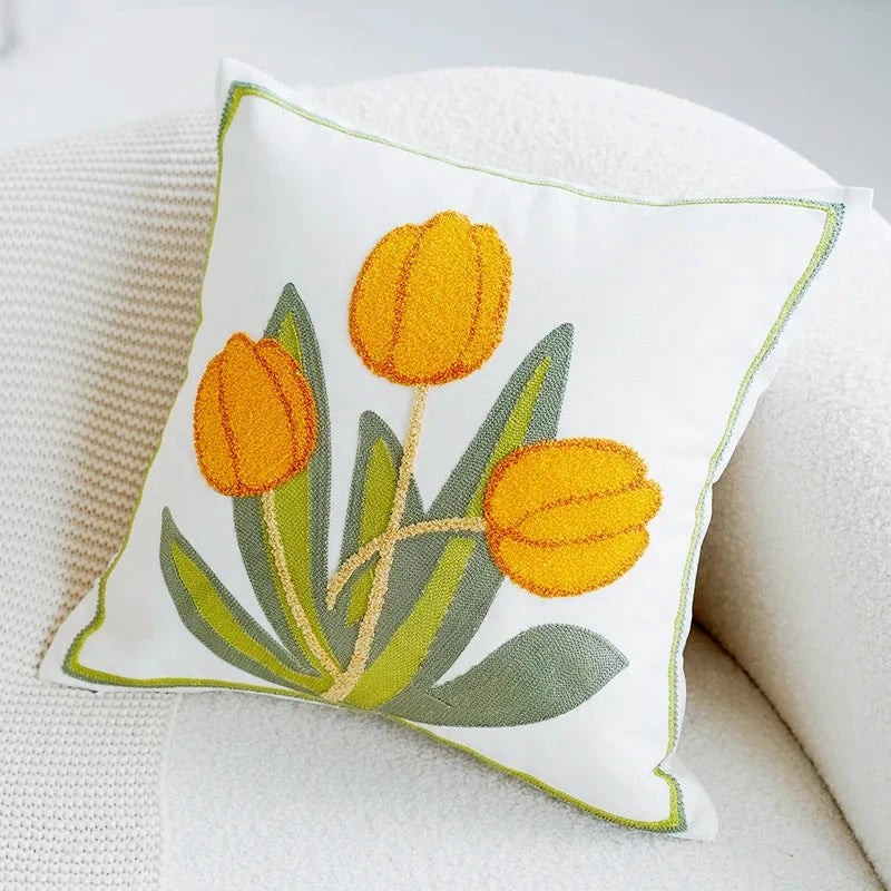Green & Pink Tulip Embroidered Pillow Cover by Bowlift