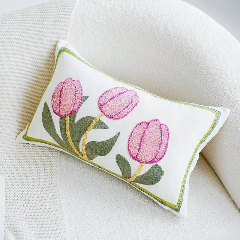 Green & Pink Tulip Embroidered Pillow Cover by Bowlift