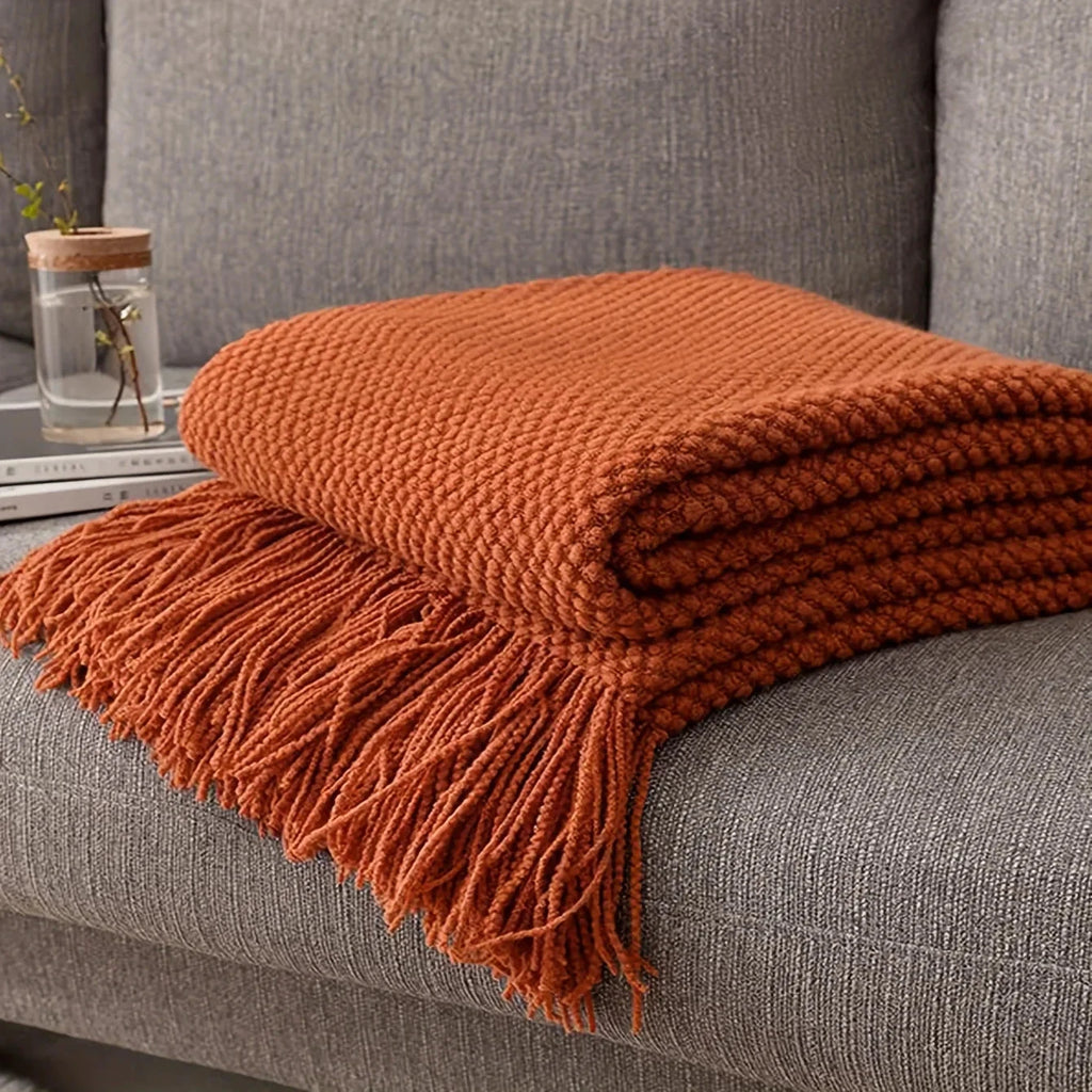 Aurelia Cozy Tassel Knitted Blanket in Morandi Orange | Soft & Warm | 3 Sizes | For Sofa, Bed & Travel by BowLift