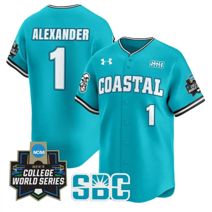 Sebastian Alexander Jersey #1 Coastal Carolina 2025 World Series Teal by My Store