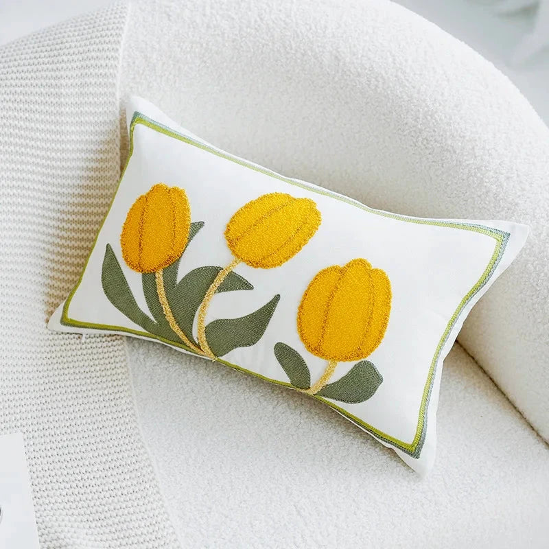 Green & Pink Tulip Embroidered Pillow Cover by Bowlift