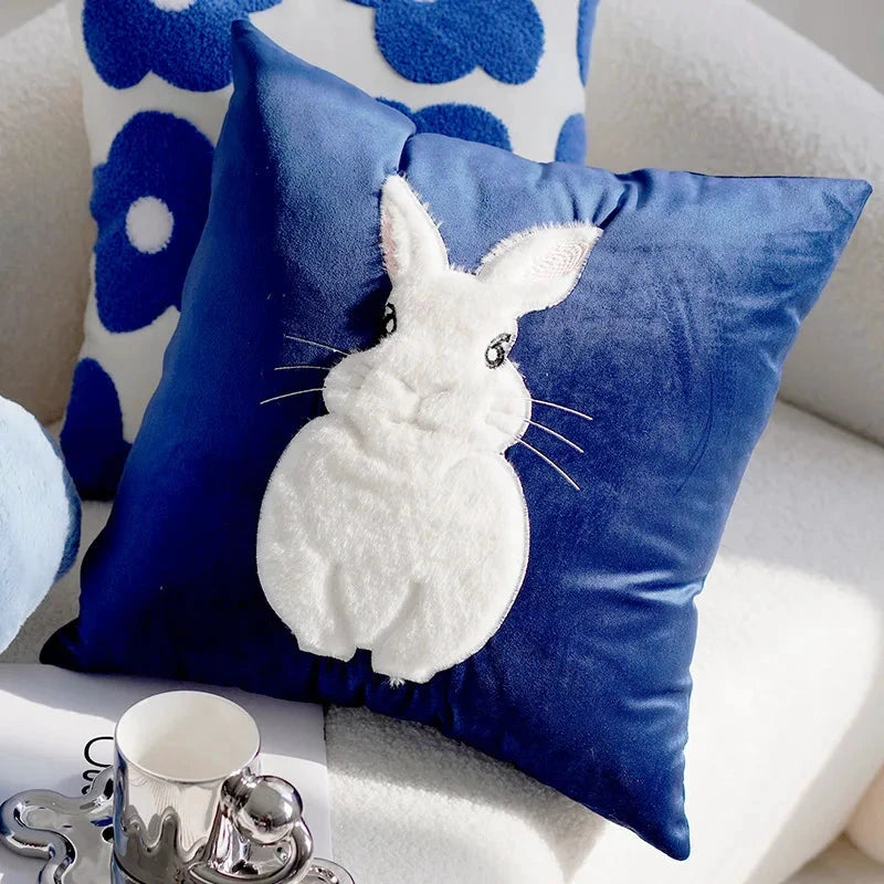 Blue & White Bunny & Flower Cushion Cover by Bowlift