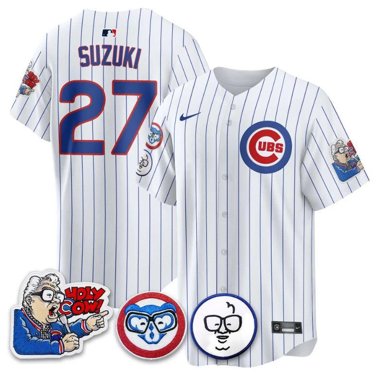 Suzuki Seiya Jersey #27 Chicago Cubs Harry Caray Holy Cow Patch Premier Limited Stitched White by My Store