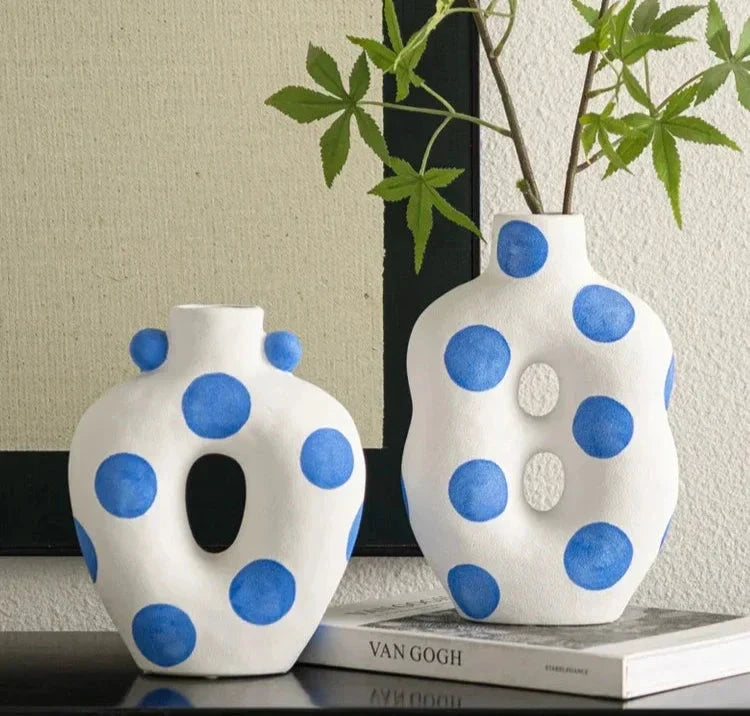 Blue Polka Dot Wonky Vase by Bowlift
