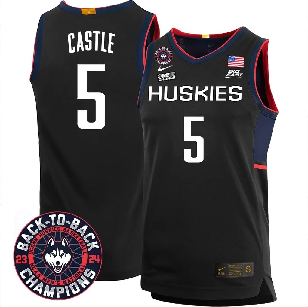 Stephon Castle Jersey #5 UConn Huskies Basketball 2024 Back To Back Champions Patch Black by My store basketball