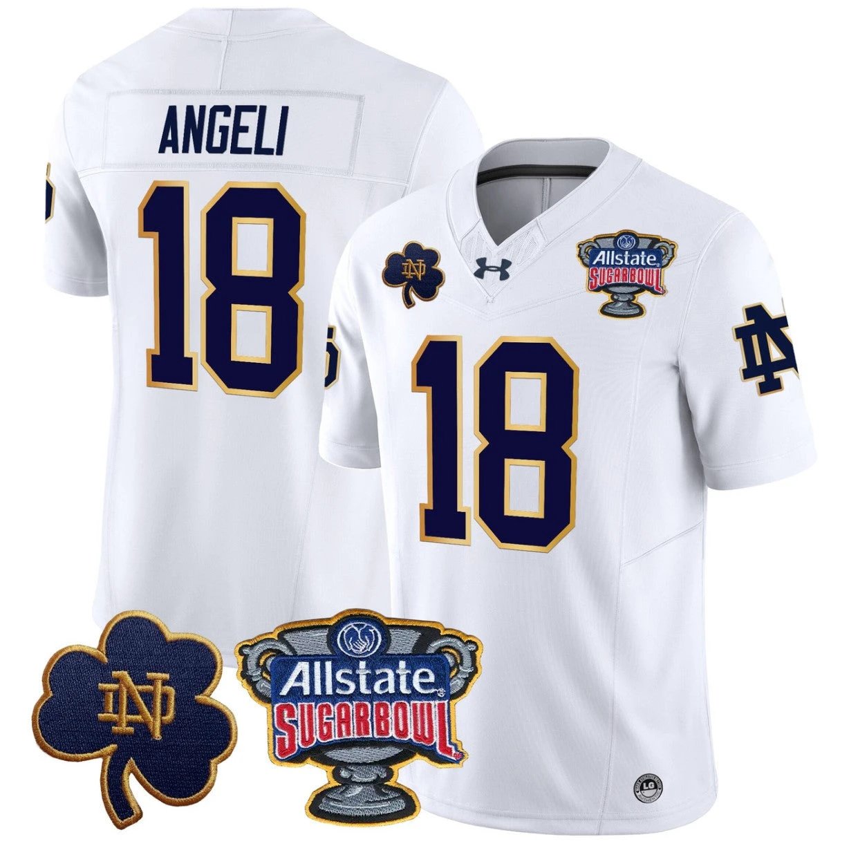 Steve Angeli Jersey #18 Notre Dame 2024 Sugar Bowl Patch V2 Stitched White by NCAA Football Jersey