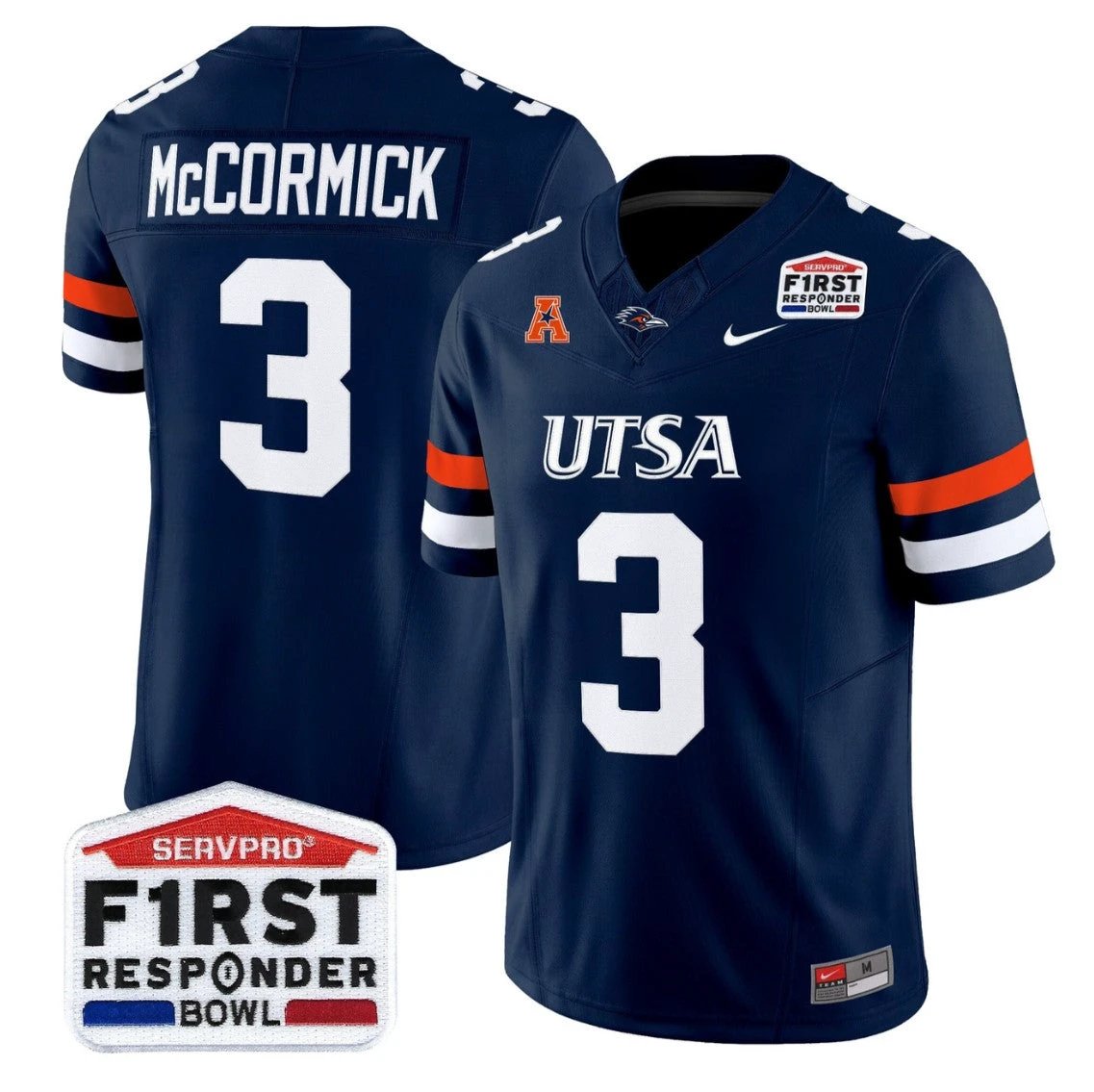 Sincere McCormick Jersey #3 UTSA Roadrunners 2025 First Responder Bowl Navy by NCAA Football Jersey