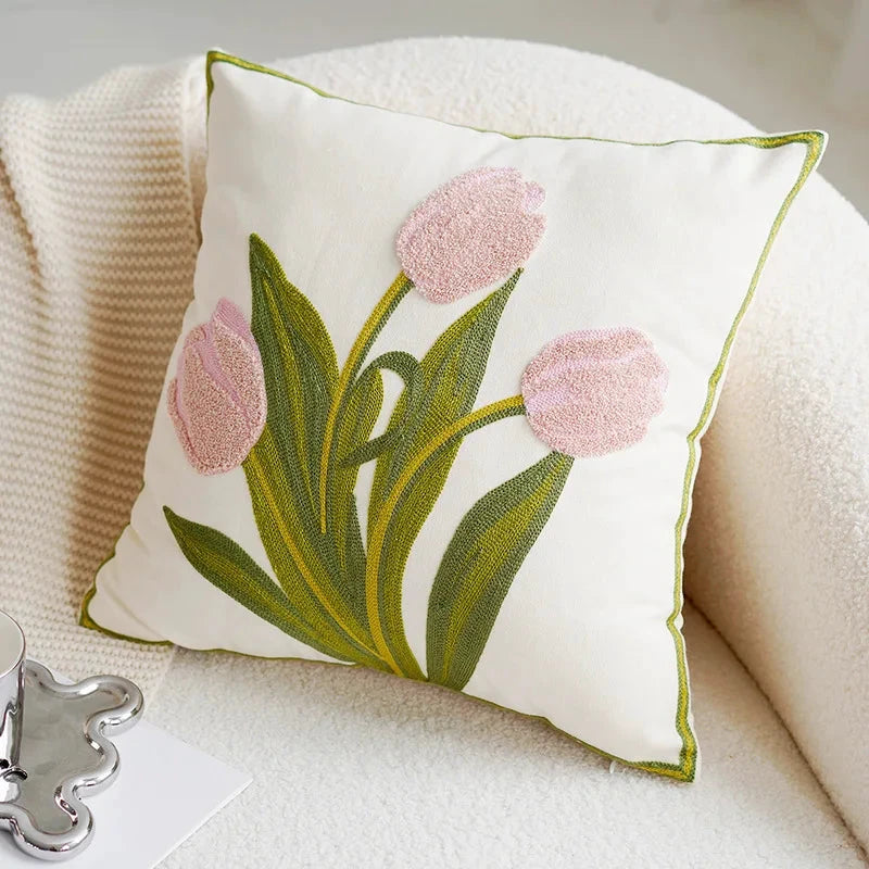 Green & Pink Tulip Embroidered Pillow Cover by Bowlift