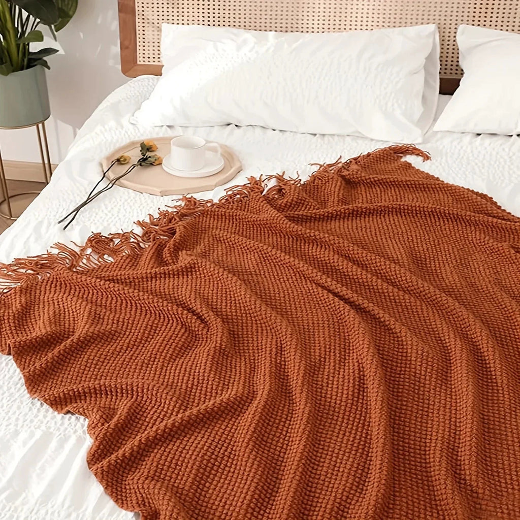 Aurelia Cozy Tassel Knitted Blanket in Morandi Orange | Soft & Warm | 3 Sizes | For Sofa, Bed & Travel by BowLift