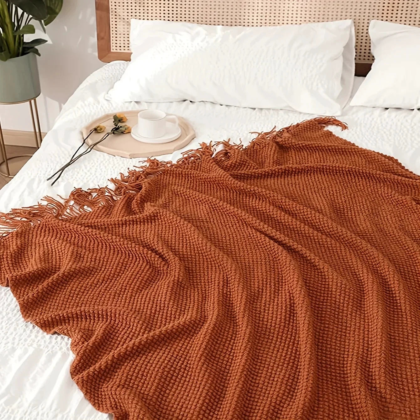 Aurelia Cozy Tassel Knitted Blanket in Morandi Orange | Soft & Warm | 3 Sizes | For Sofa, Bed & Travel by BowLift