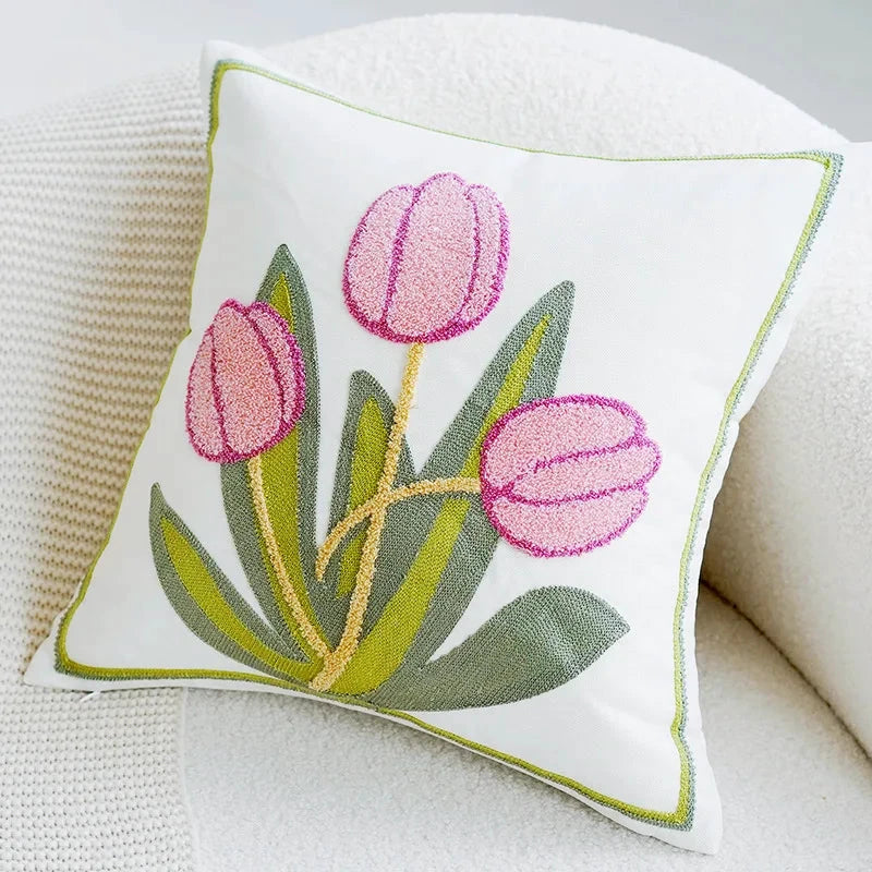 Green & Pink Tulip Embroidered Pillow Cover by Bowlift