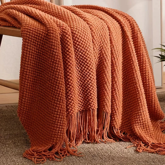 Aurelia Cozy Tassel Knitted Blanket in Morandi Orange | Soft & Warm | 3 Sizes | For Sofa, Bed & Travel by BowLift