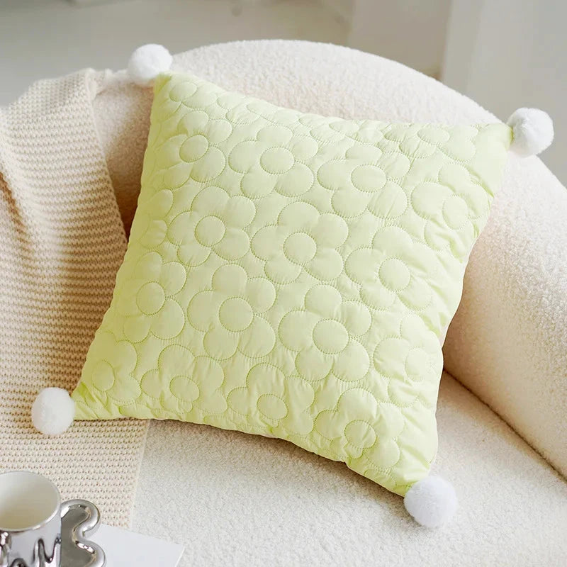Green & Pink Tulip Embroidered Pillow Cover by Bowlift