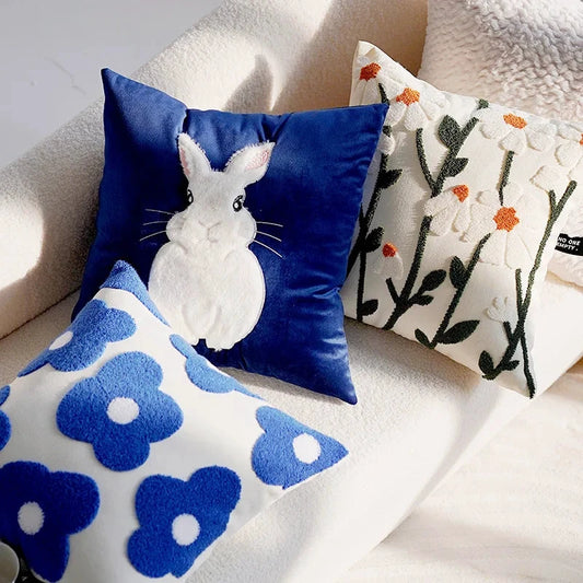 Blue & White Bunny & Flower Cushion Cover by Bowlift