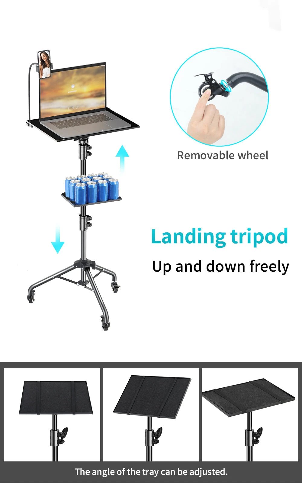 Adjustable Folding Laptop Table Stand with detachable tyres and 2 Trays for Comfort everywhere Bowlift by Bowlift