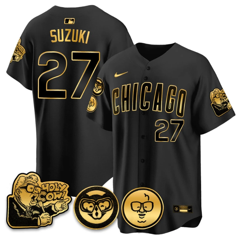 Suzuki Seiya Jersey #27 Chicago Cubs Harry Caray Holy Cow Patch Premier Limited Stitched Black Gold by My Store
